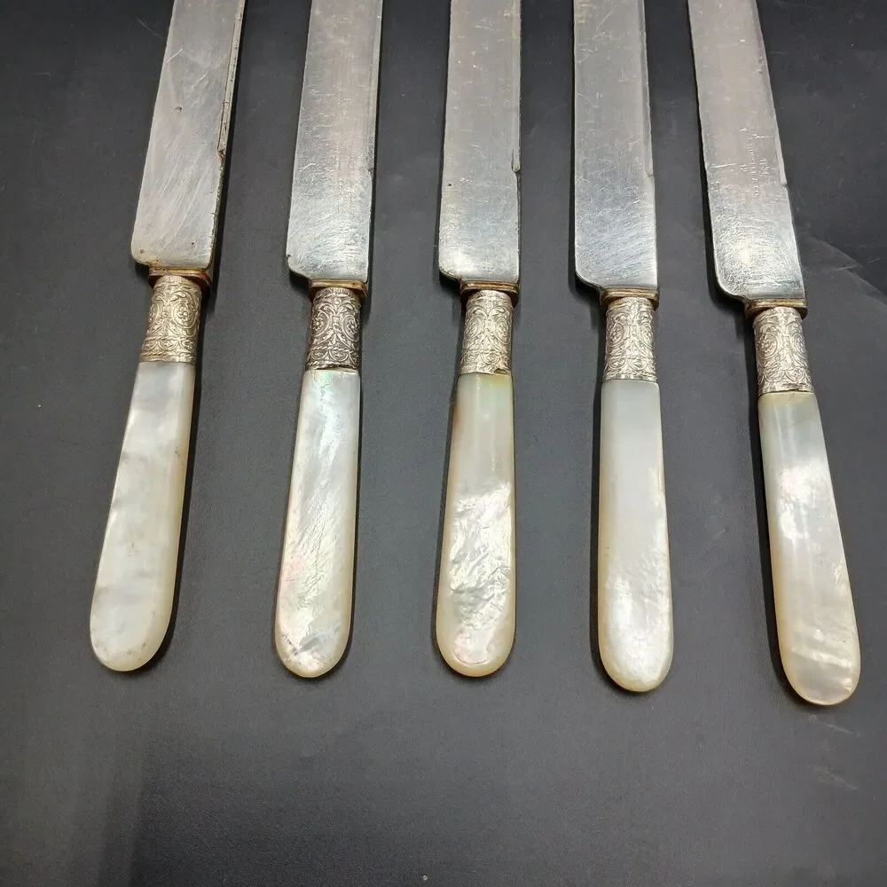 1834 J Russell & Co Knife 5pcs Silverplate Ferrule Blunt End MOP Antique Pearl